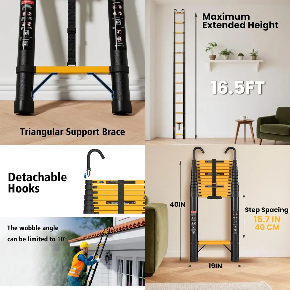 

Алюминиевая телескопическая лестница, удлинитель 16,5 футов, грузоподъемность 330 фунтов, крючок, желтый, многоцелевой для дома и работы