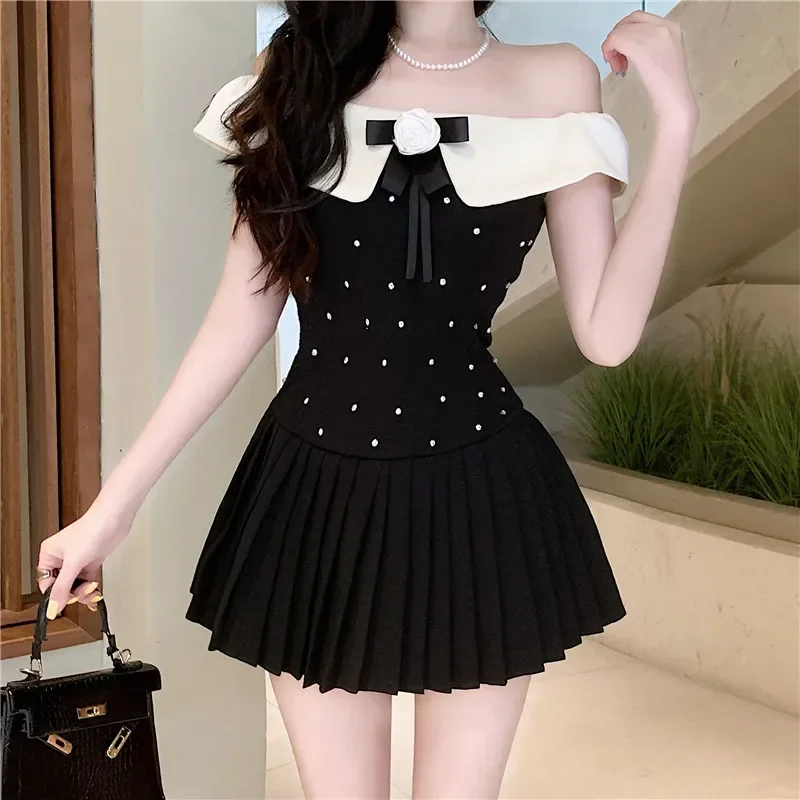 French Elegant Hepburn Black Mini Party Dress Women Flower Strapless Slash Neck Beads Pleated Dress Off Shoulder Birthday Dress