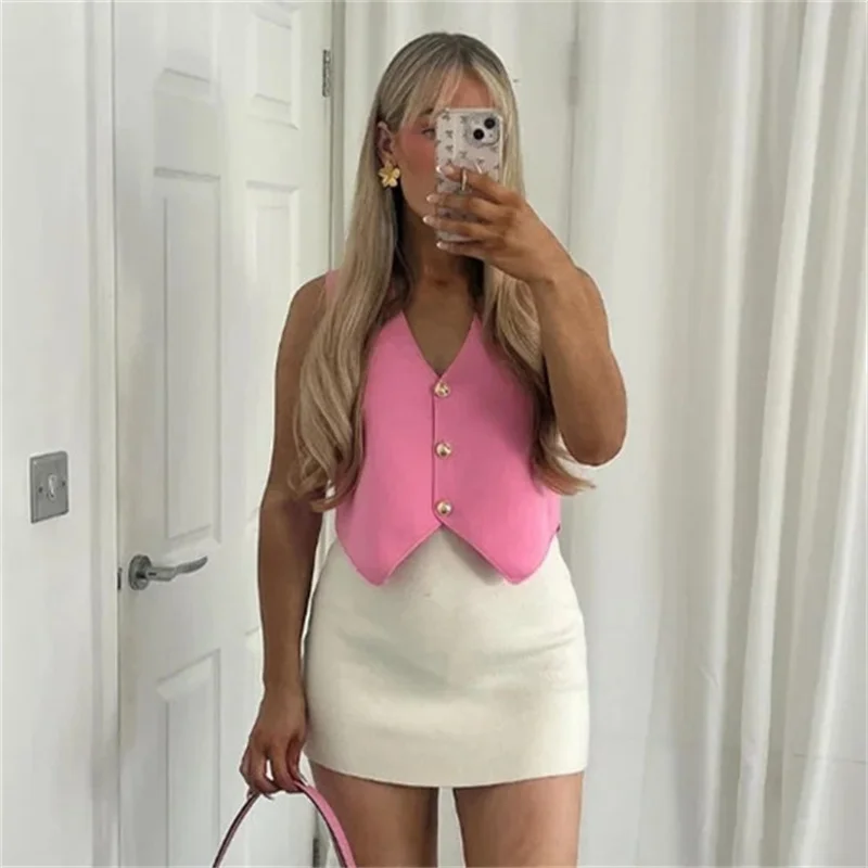 TRAF Pink Knit Vest Women Cropped Sleeveless Vest Woman Fashion Summer Short Coats Knitted Vest Top Female 2024 V Neck Waistcoat