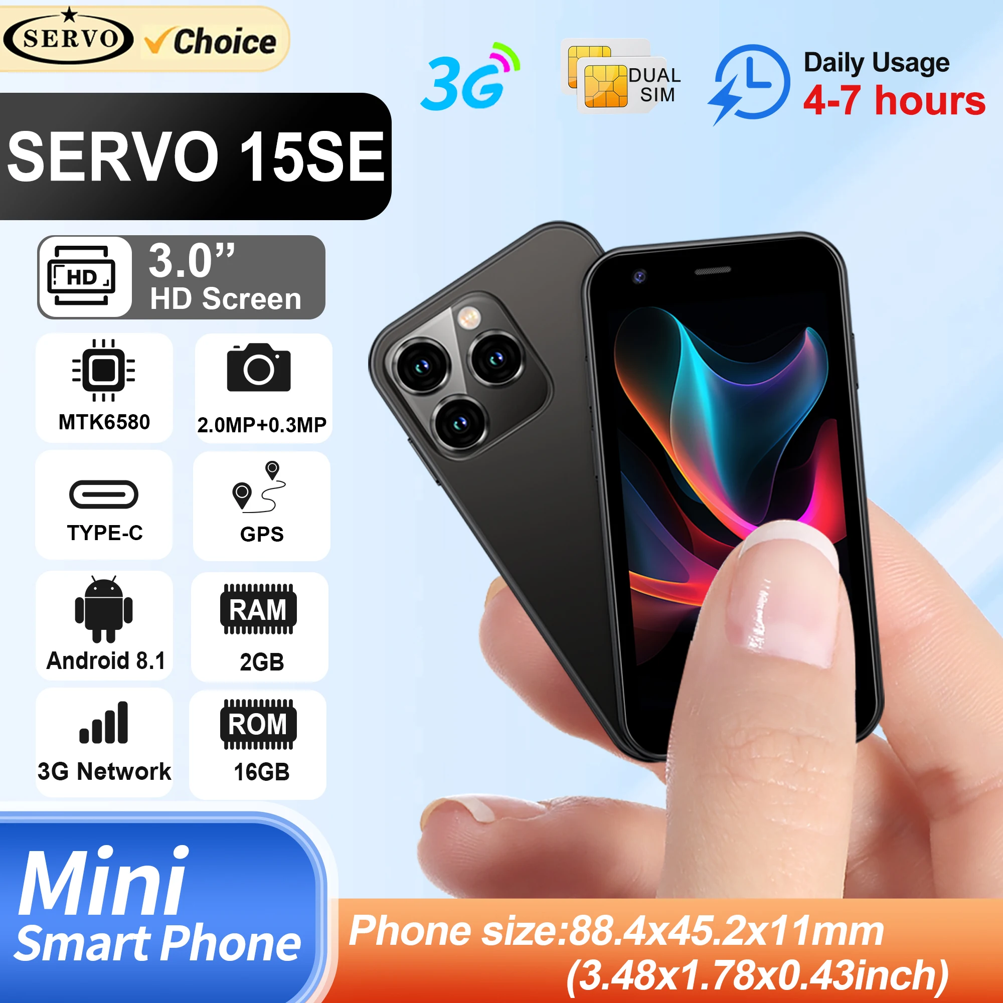SERVO Mini Smartphone, écran 3.0 pouces, 2 go + 16 go, WCDMA 3G, reconnaissance faciale, GPS WiFi, magasin de jeu, téléphone intelligent Android, veille double SIM
