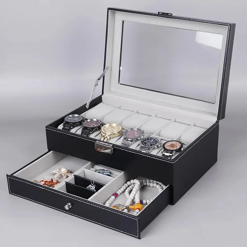 12 Slots Double‑Layer PU Leather Lockable Watch Display Box Watch Storage Organizer Case for Men Women