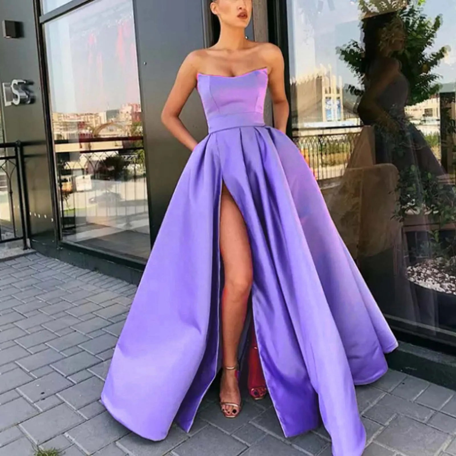 Ladies Solid A-line Long Satin Evening Dress For Women Simple Sleeveless  Sexy Slit Wedding Prom Party Gowns Vestidos