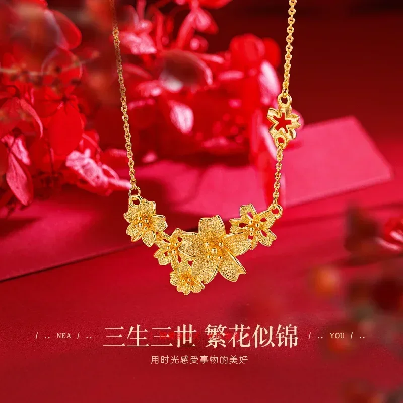 Eldorado Gold  9999 Real Gold 24K Sansheng Flower Set Chain Gold Premium Flower Clavicle Necklace Wedding Flower Necklace