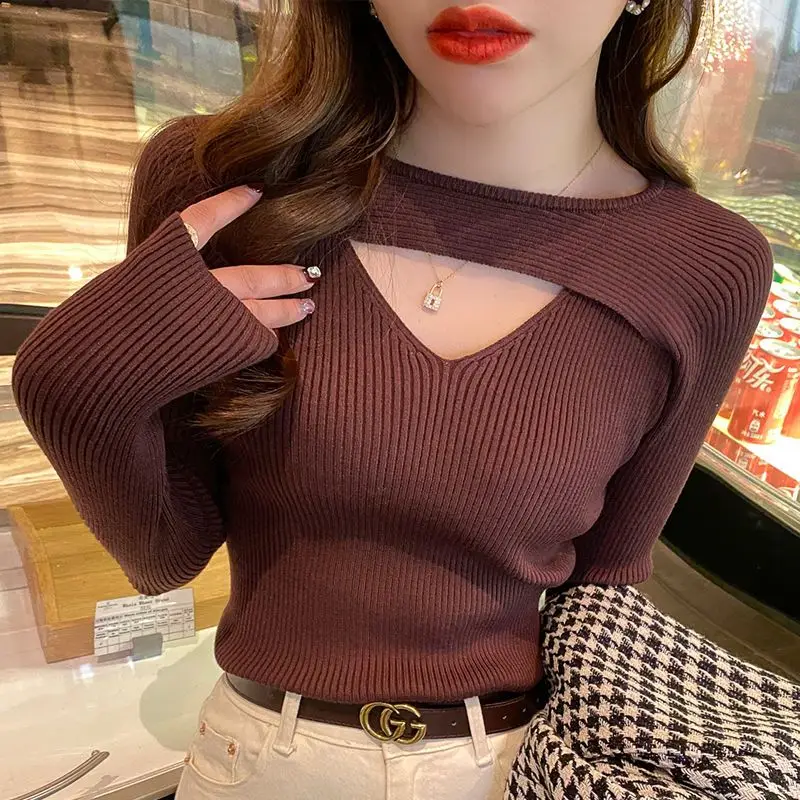 2024 Spring Autumn Women\'s Trendy Sexy Hollow Out Chic Basic Knitwear Female Solid Long Sleeve Slim Pullover Tops Casual Jumpers