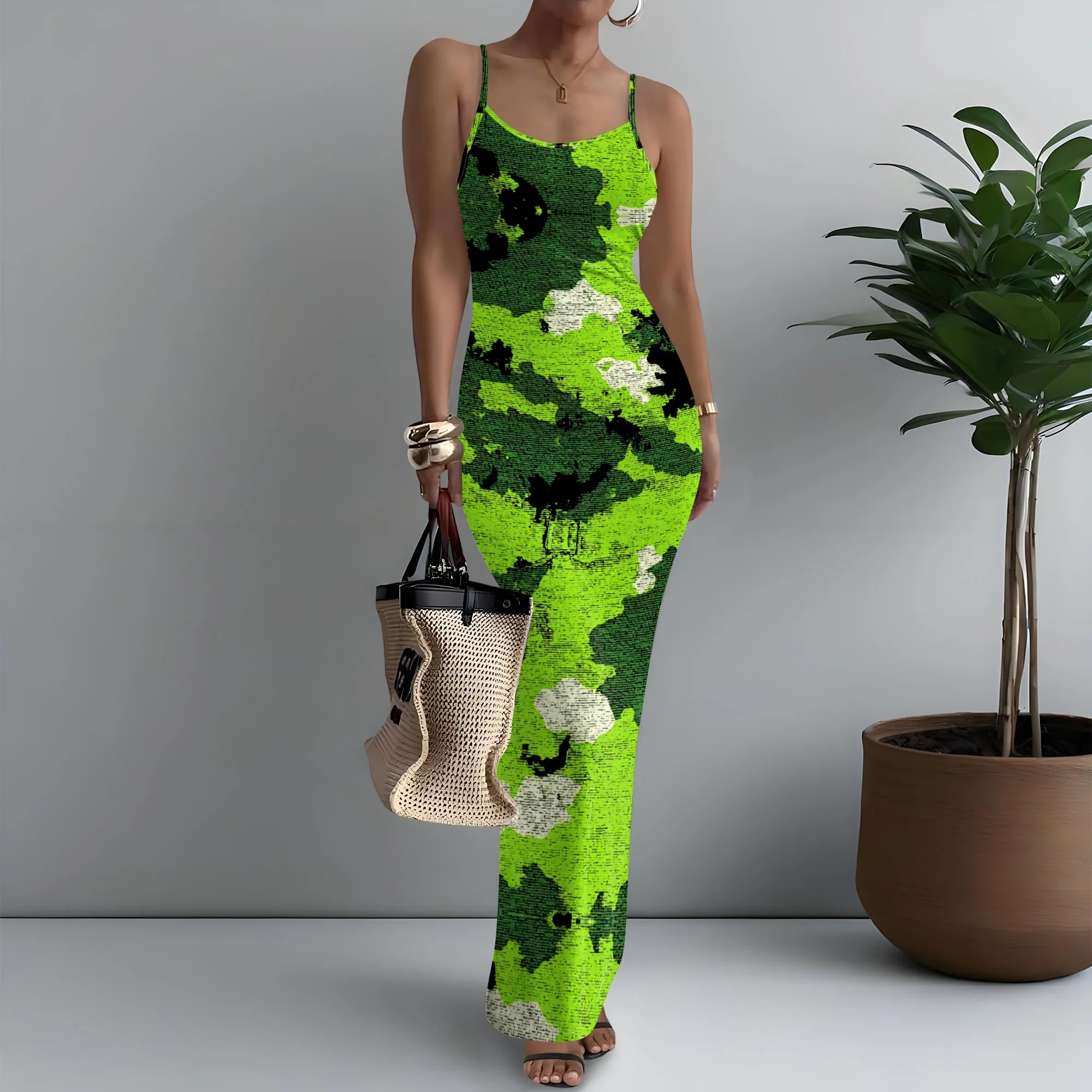 Green Camo Print Bodycon Maxi Dress XS-3XL Spaghetti Strap Slim Fit for Summer Vacation, Music Festival or Pool Party