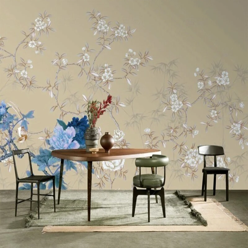 MU9214 Originele blauwe bloem rijst achtergrond foto voor TV slaapkamer woondecoratie achtergrond muur
