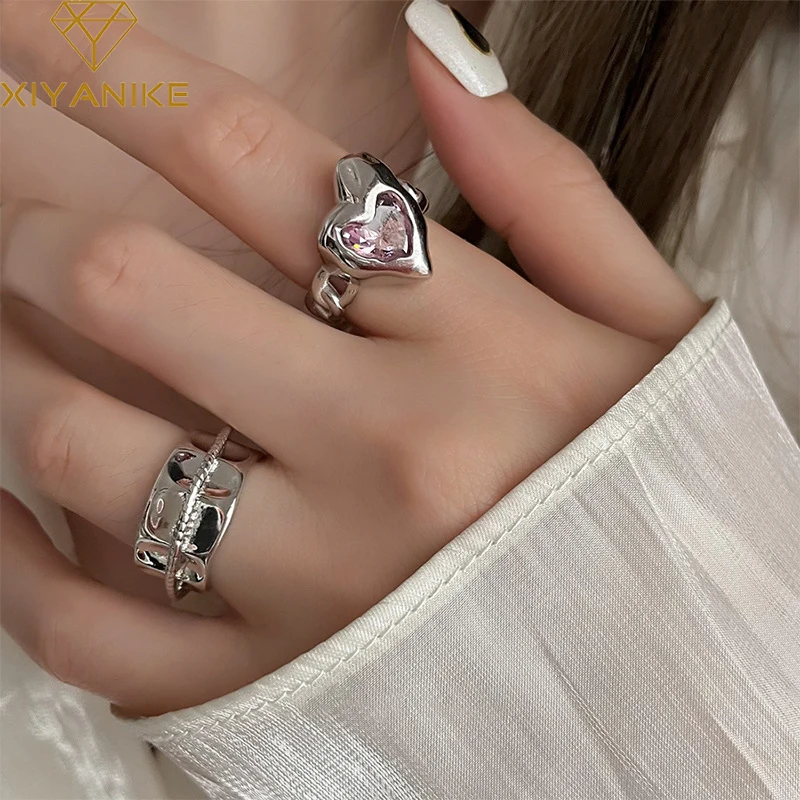 XIYANIKE Cute Pink Heart Zircon Open Cuff Finger Rings For Women Girl New Fashion Jewelry Friend Gift Cool Party кольцо женское