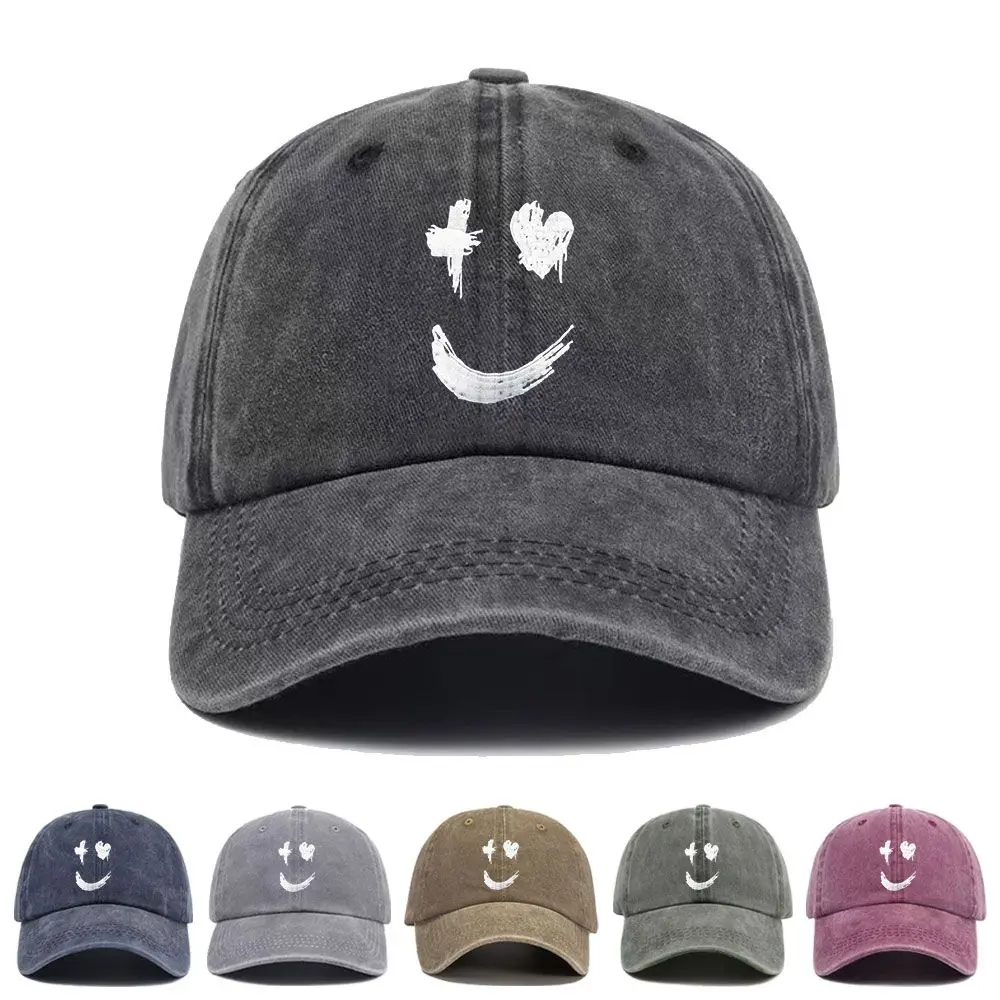 Vintage Washed Baseball Cap Graffiti Smiley Face Print Graphic Unisex Streetwear Casual Trucker Style Summer Cotton Sun Hat