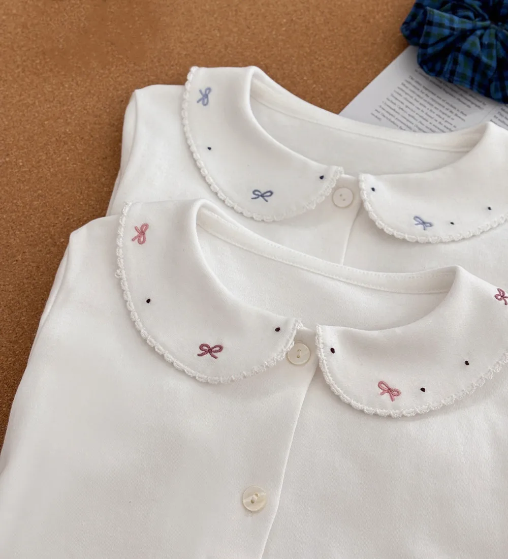 

spring baby girl clothes kids tops cotton soft Bow pattern embroidered doll collar Girls' long sleeved shirt white base shirt