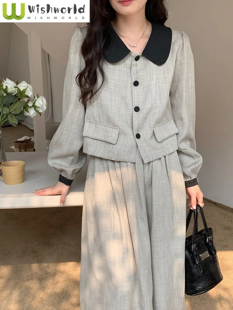 Spring and Autumn New Splicing Color Contrasting Simple Collar Short Coat+High Waist Pleated Half Skirt Elegant Women's Set