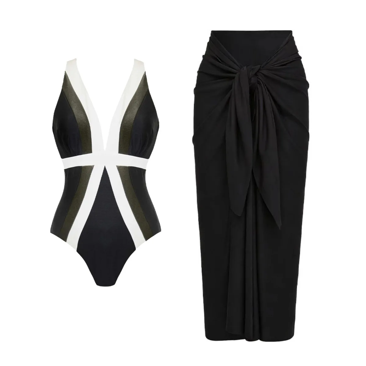 Women Trendy Black White Green Contrast Color Deep V One Piece Swimsuit Set New Arrival Elegant Beach Swimming Costume