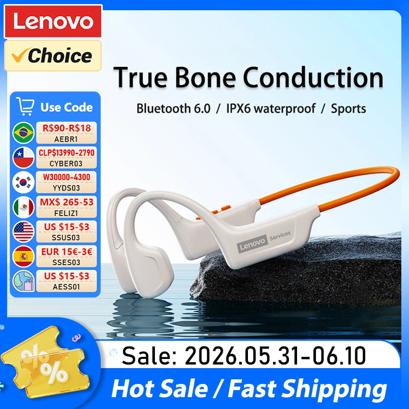 Choice Lenovo S102 Écouteurs sportifs sans fil à conduction osseuse, étanches IPX6, pour le cyclisme et le fitness, Bluetooth V6.0