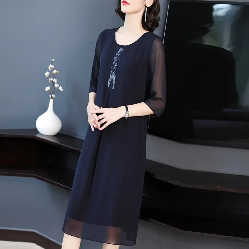 Simulated silk double crepe dress, oversized loose fitting women's dress