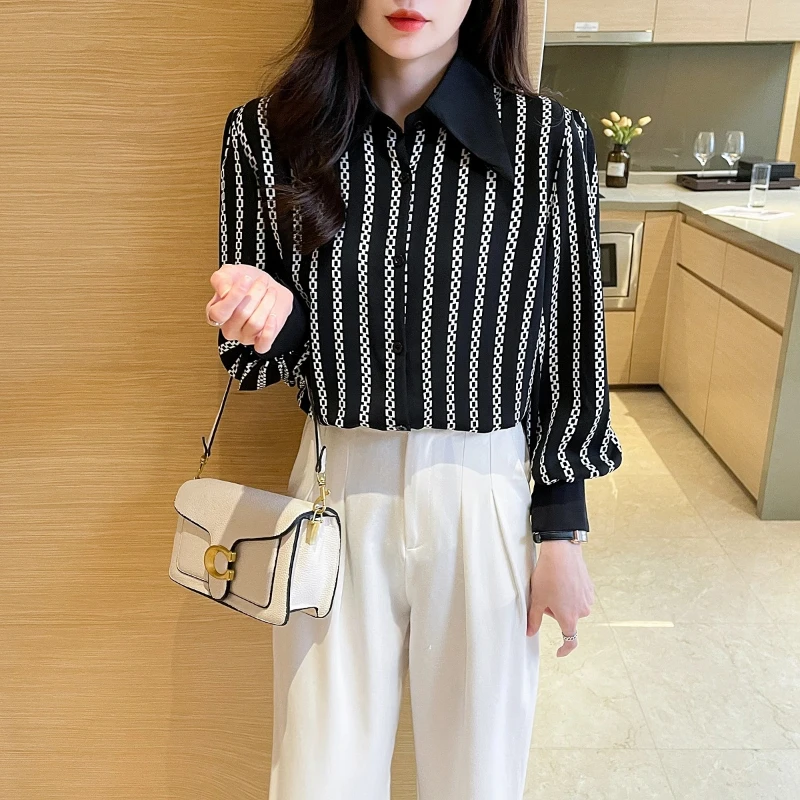 Fashion 2024 Spring New Chiffon Blouses Women\'s Striped Printed Contrast Color Polo Collar Button Loose Retro Long Sleeve Shirts