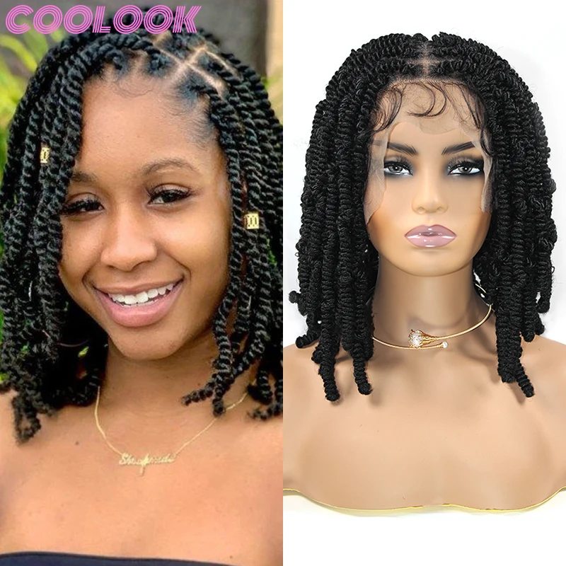 

12'' Full Lace Box Braided Wig for African Women Black Bouncy Braids Wig with Jumbo Plait Synthetic Lace Frontal Twist Braid Wig