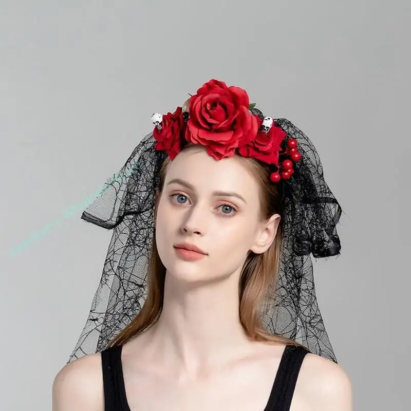 

R7UF for Creative Headband Simulation Fabric Flowers Pearls Veil Skull Pearls Halloween Hair Hoop Headdress for Photo Shootin