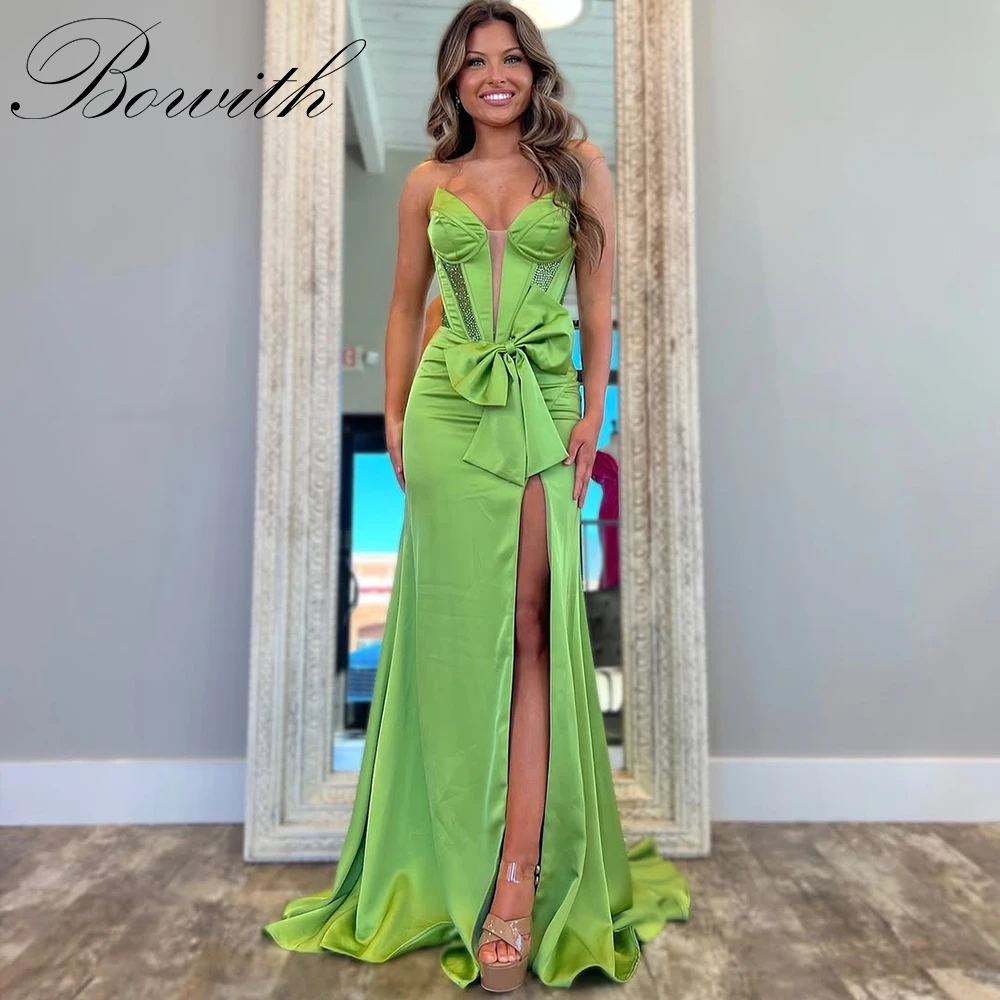 

Bowith Green Formal Dresses Evening Gown Floor-Length Bow Prom Dresses Women Strapless Customized Elegant Party Dresses