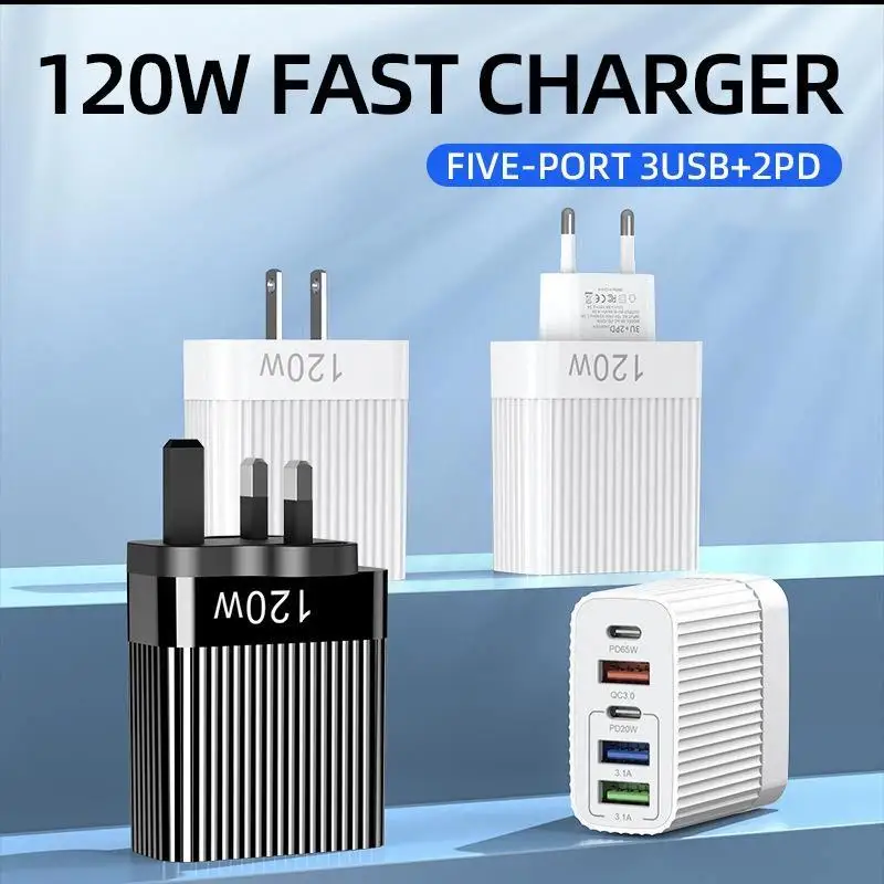 120W Fast Charger With 3 USB A And 2 USB C Ports High Speed Charging For Travel Home Office Use For Smart Phones Tablets