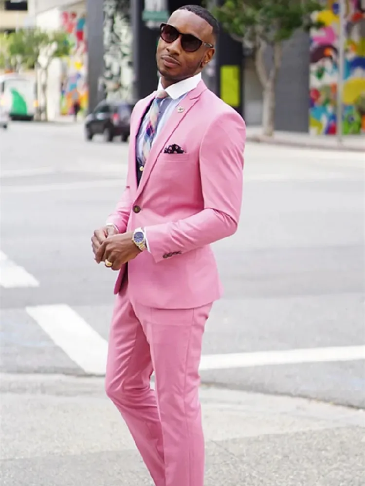 Pink Men' s Suit 2 Pieces Blazer Pants Pure One Button Peaked Lapel Slim Fit Formal Tuxedo Business Work Wedding Groom Tailored