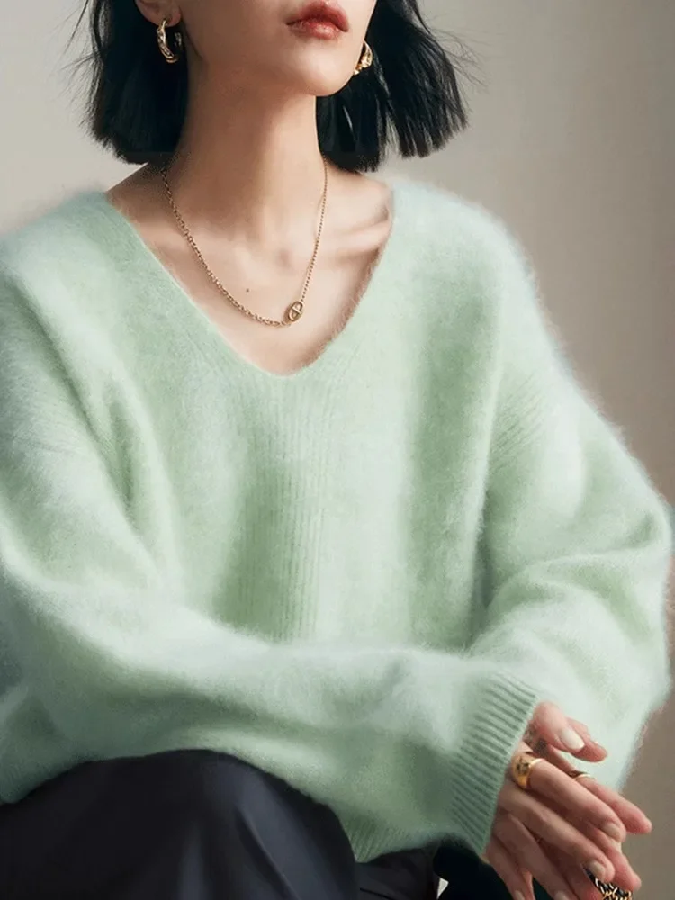 High End Soft And Sticky Imitation Mink Fur V-Neck Sweater For Women'S Autumn And Winter New Thick And Loose Knitted Top