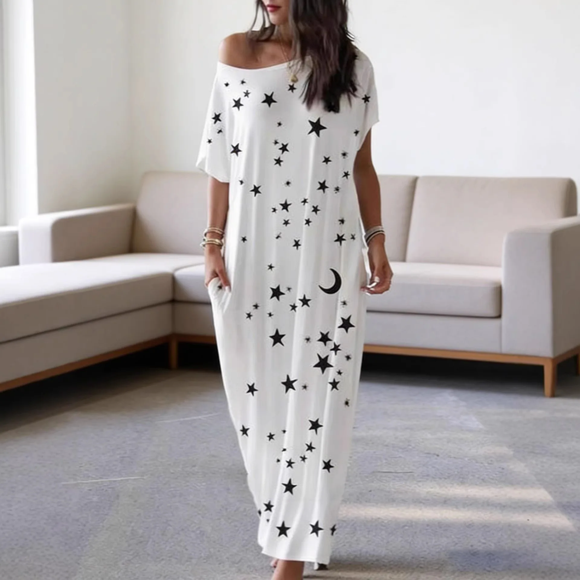 Summer Plus Size Casual Loose Home Long Dress Fashionable Star Print Slanted Shoulder Collar Short Sleeved Dress With Pockets