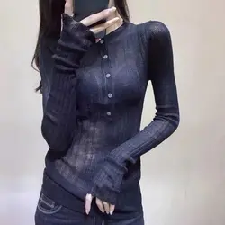 Top Female Sexy Coquette Clothes Slim Women's Long Sleeve T-shirt Plain New in Knitwears Fashion Clothing 2025 Kpop High Quality