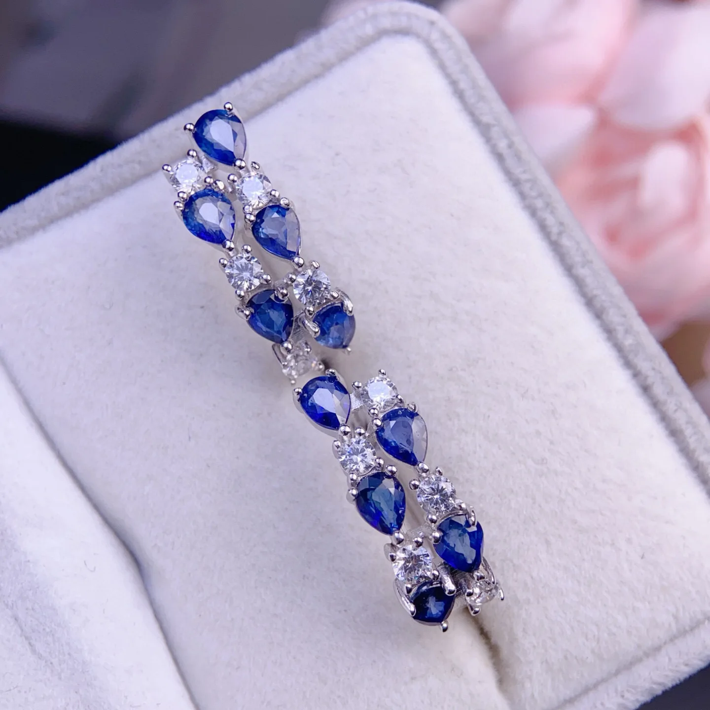 S925 Silver Precision Gold Plated Natural Sapphire Ear Cuffs, 4x5mm Gemstone with Certification view 5
