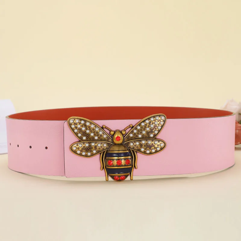 7cm Wide Leather Belt For Women Bee Pearl Buckle Jeans Black Red Pink Belt Luxury Brand Ladies designer Strap Female Waistband