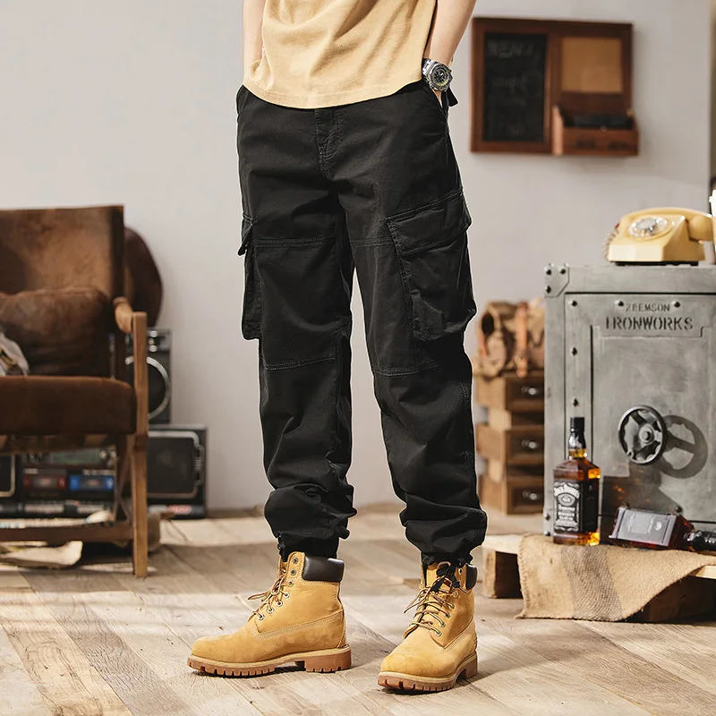 

Spring Summer Overalls Elastic Waist Pants Men Casual Male Multi Pocket Trend Oversize Pants Multipockets Fleece Cargo Pants