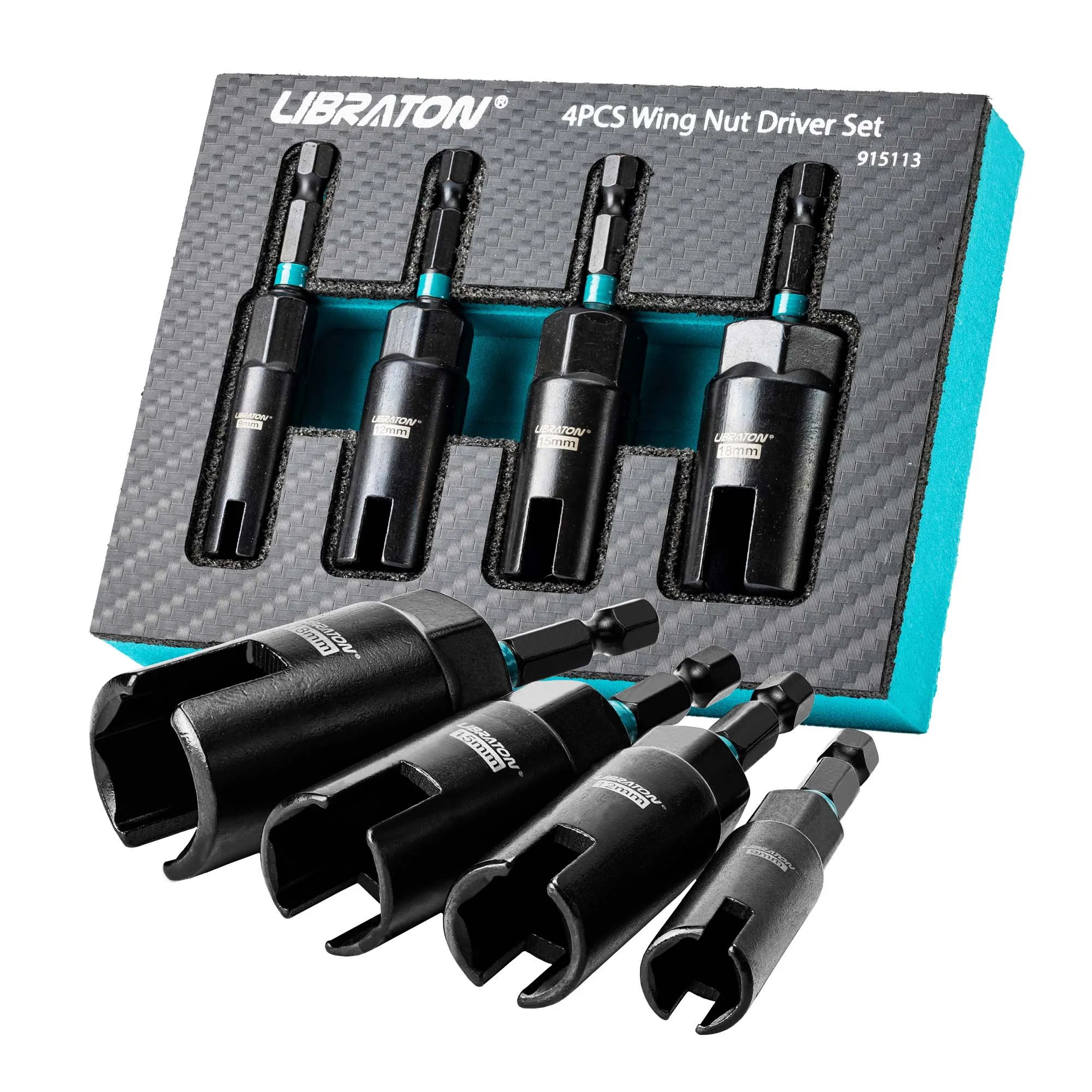 Libraton 4PCS Wing Nut Driver, Nut Driver Bit 9&12&15&18mm, 1/4” Hex Shank Nut Driver for Hook Bolt Installation, Wire Twisting