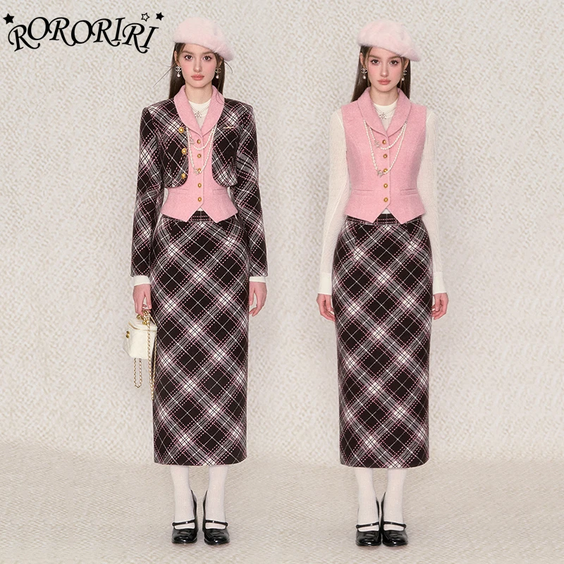 

RORORIRI 90s Retro Split Long Tweed Skirt Women Autumn Winter Casual High Waist Slim Fit Straight Plaid Skirt OL Vintage Clothes