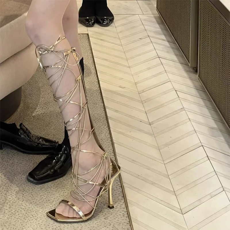 Gold Gladiator Cross Straps Lace Up Knee High Sandals Open Toe Back Zipper Stiletto High Heels Shoes for Women Party Summer