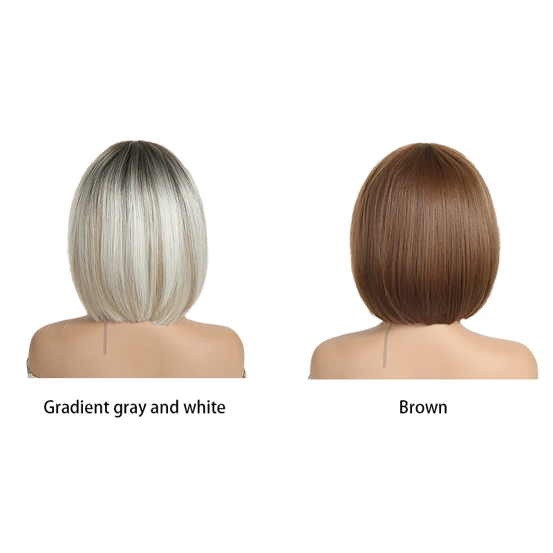 Un Bob de 12 pouces avec une perruque et une frange synthétiques marron grisâtre dégradé, convient aux fêtes d'été quotidiennes des femmes et Halloween