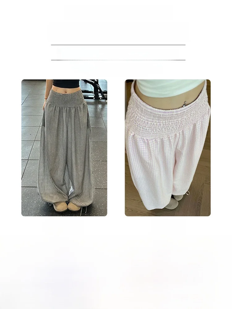 Korean Style Plaid Bloomer Pants Women Summer Thin Lazy Loose Straight Lantern Pants High Waist Draping Wide Leg Long Trousers