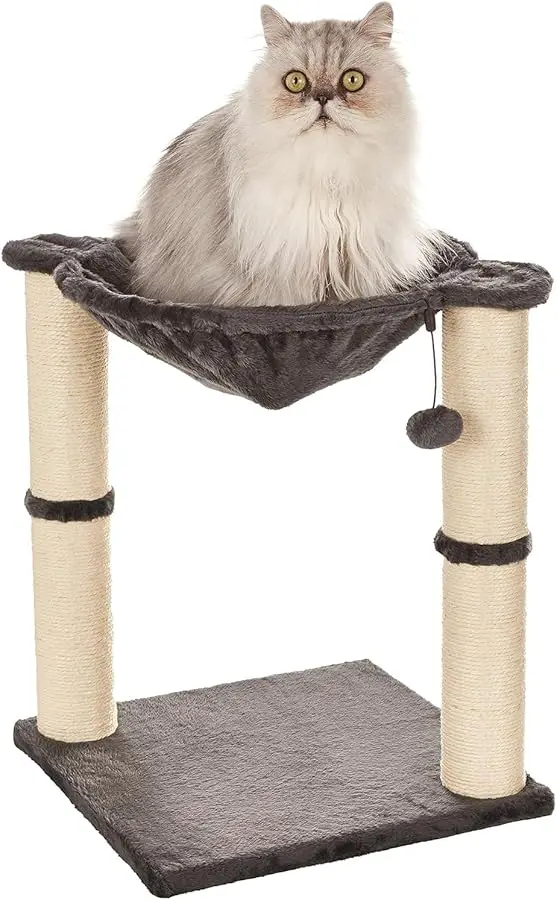 

Amazon Basics Cat Condo Tower with Hammock Bed and Scratching Post,Easy to Assemble,Plush Hammock,Interactive Hanging Ball, Dura