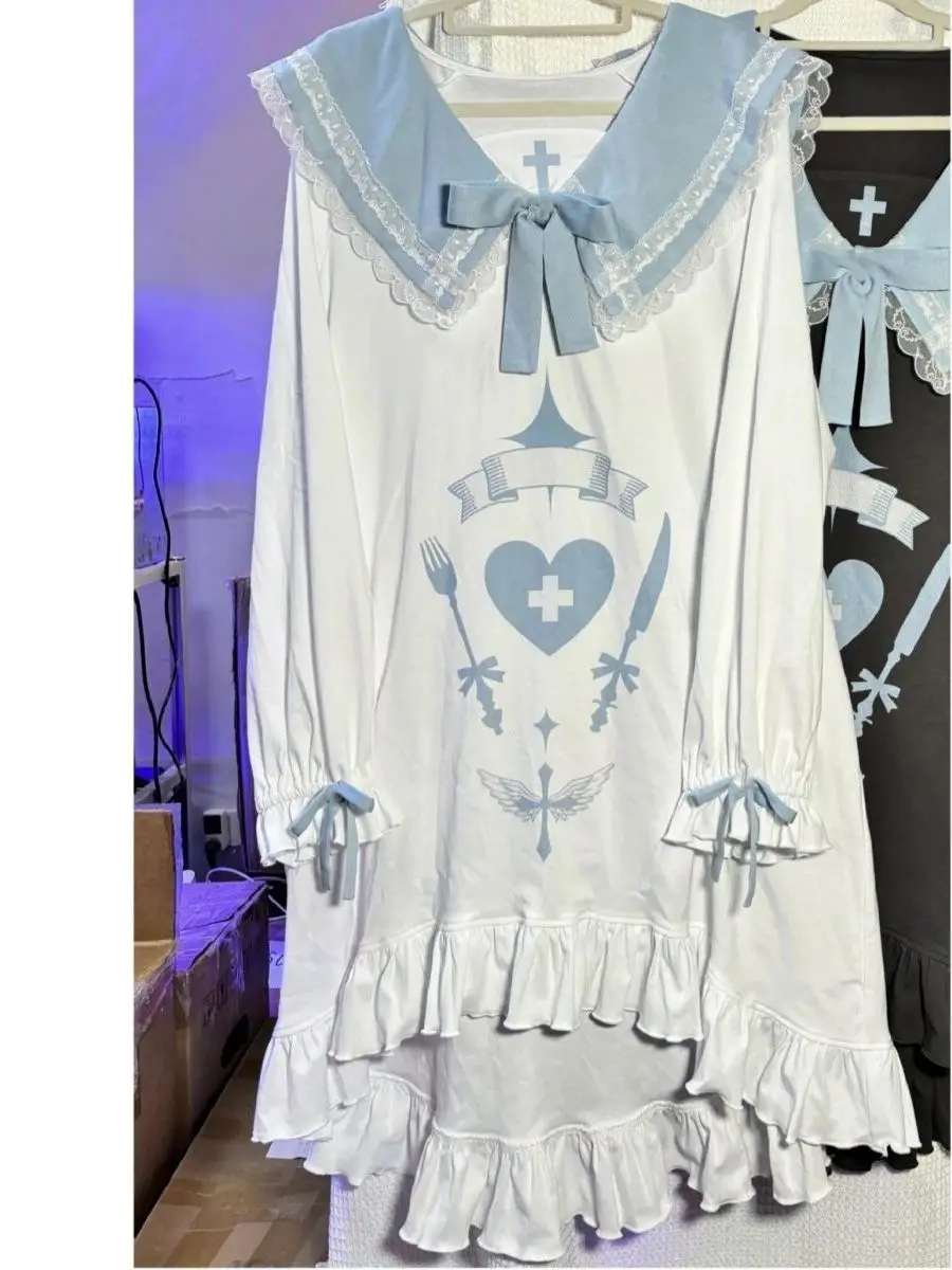 Long Sleeve Sleep Dress Naval Collar Print Angel Design Quantity Production Type Asymmetrical Hemline Leisure Home Clothes