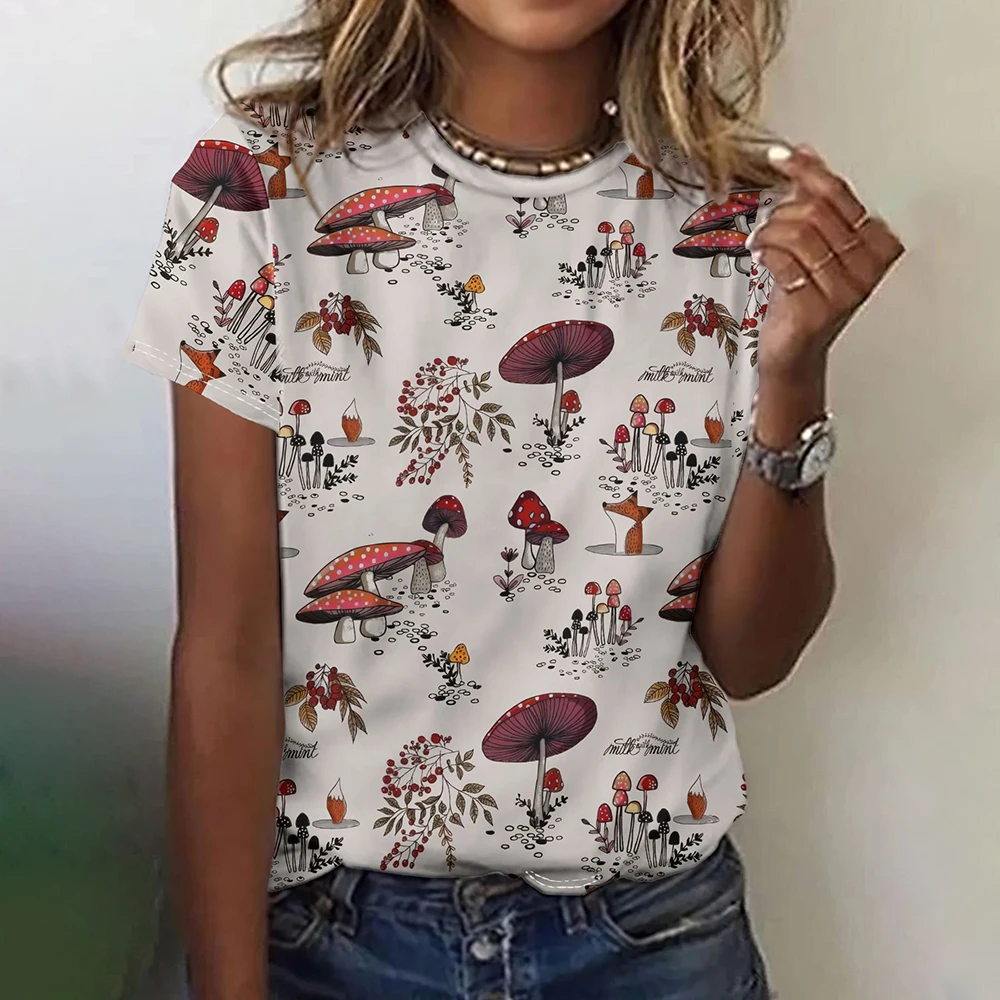 

Mushroom pattern T-shirt, suit-style jeans, horse 3D printed clothing, women's casual short-sleeved T-shirt, 21st century style