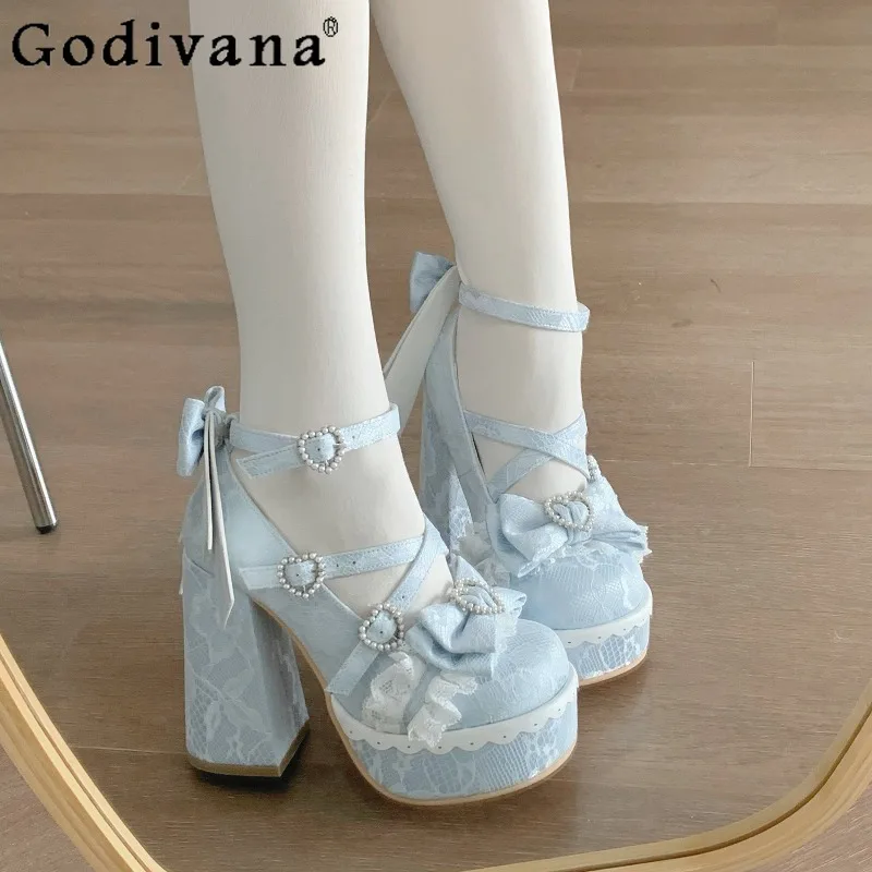 

Sweet and Elegant Flower Wedding Japanese Original Lolita Women's Shoes Round Head Thick Heel Bow Lace Platform High Heels