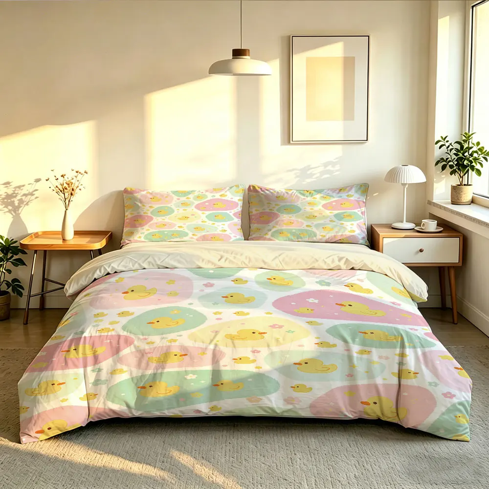 3PCS Cute Little Yellow Duck Color Block Duvet Cover Set (No Insert), Soft Bedding Decoration, Machine Washable Multiple Size - view 5