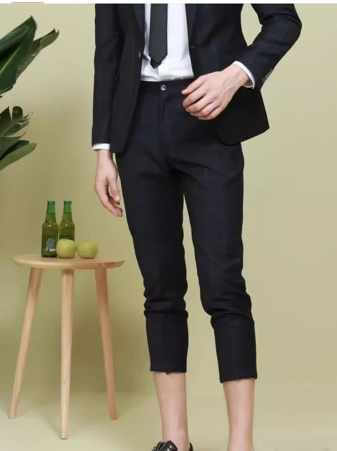 

Slim Fit Busin повседневные мужские брюки весеннего сезона с двойным разрезом и стойкой пошив, длинный све, полосатый узор, одна пуговица