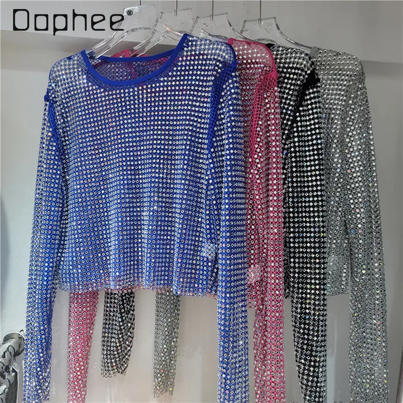 Top de manga larga con cuello redondo y cuentas de diamantes de imitación de gama alta de lujo, ropa interior de estilo de hadas, camisa Base calada brillante, Top Sexy único