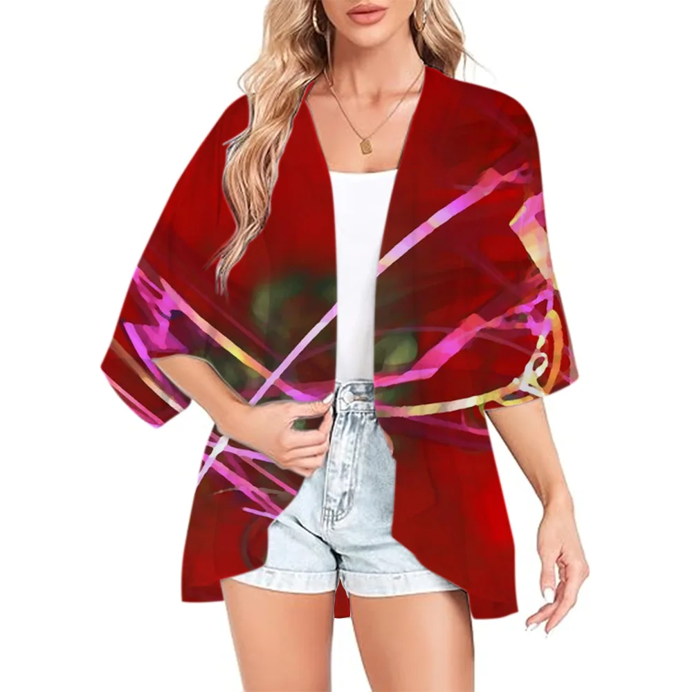 Women's Kimono Cardigan Illusion Flower Printed Chiffon Top Beach Swimwear Jacket Kimono Casual Cover Up Cape Holiday Party Top