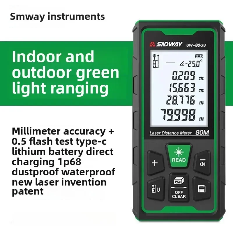 Latest SNDWAY SW-80GS Green Distance Meter Digital Rangefinder Range Finder Tape Measure Electronic Level Ruler Roulette Tools T