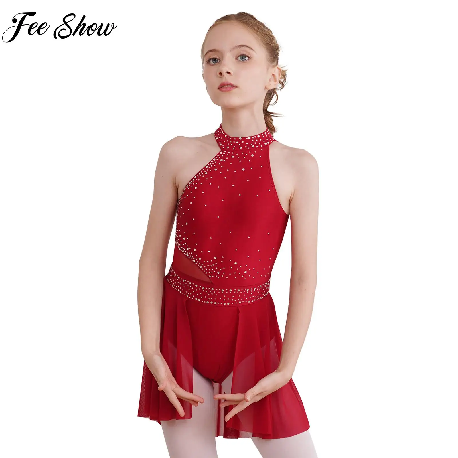 

Kids Girls Ballet Jersey Figure Skating Dance Dress Rhinestone Sleeveless Asymmetrical Hem Dress Performance Competition Costume