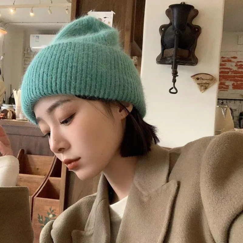 Angora Rabbit Hair Knitted Beanie Cuffed Solid Color Stretch Skull Cap Soft Thermal Warm Winter Hat Multiple Daily Outdoor Hat