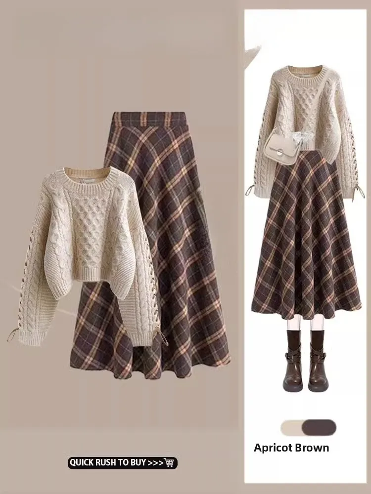 Otoño Invierno de talla grande traje de mujer falda a cuadros de cintura alta suéter de punto conjunto de dos piezas efecto adelgazante ropa Casual