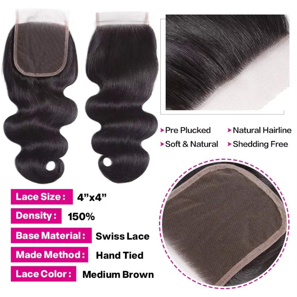 Tissage en lot Body Wave brésilien naturel Remy, avec lace closure 4x4, extension de cheveux humains, lots de 3