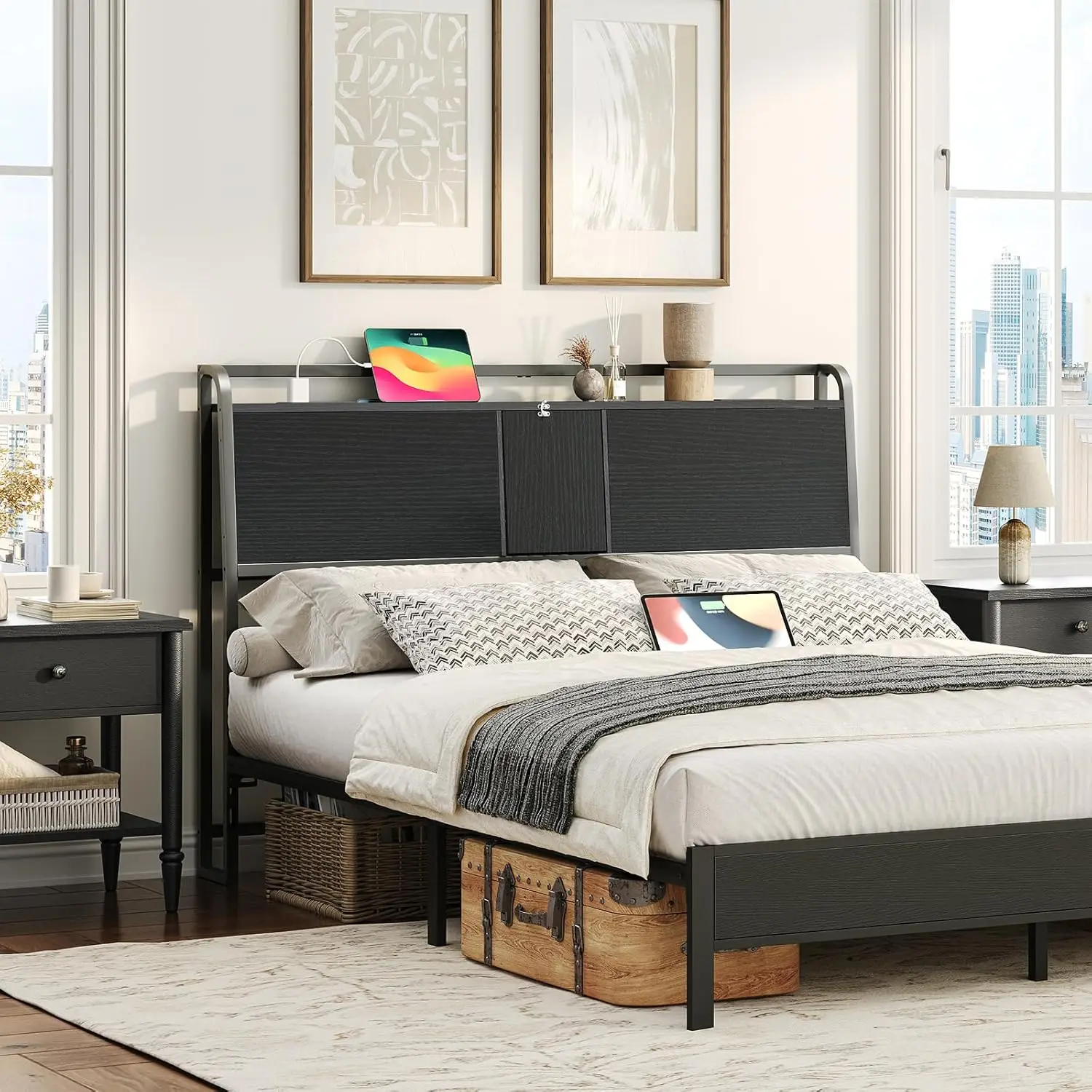 Headboard Queen Size, Headboard with 4 Outlets and 4 USB Ports, Industrial Headboard with Flip Door and Bed Frame Adapter