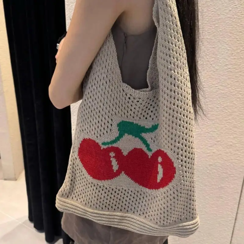 Summer Hollow Out Shoulder Bag Cherry Desing Knit Bag Hand Woven Fashionable Beach Simple Shopper Totes