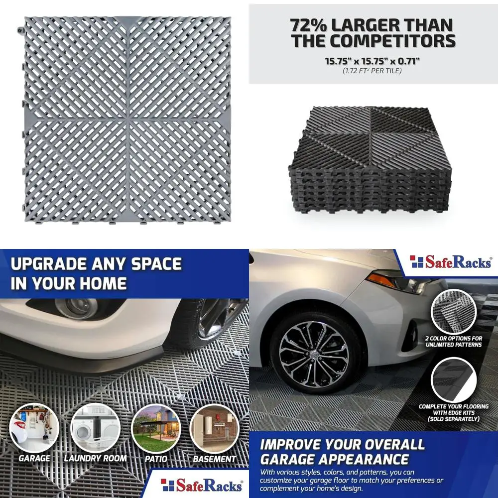 Ribbed Interlocking Garage Floor Tiles - Vented, Self-Draining, Non-Slip, Modular Polypropylene Flooring for Enhanced Safety and